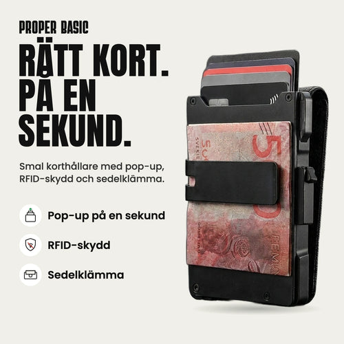 Proper Basic Korthållare i svart med korten uppskjutna och sedelklämma